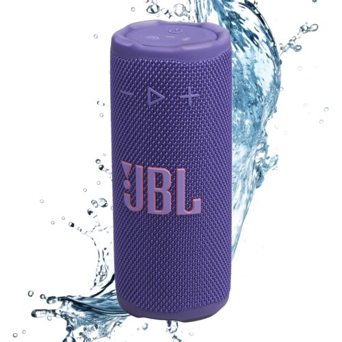 Fioletowy głośnik mobilny z widocznym logo "JBL" na tle rozpryskującej się wody. Na górze głośnika znajdują się przyciski sterujące w kształcie symboli: minus, play, plus.