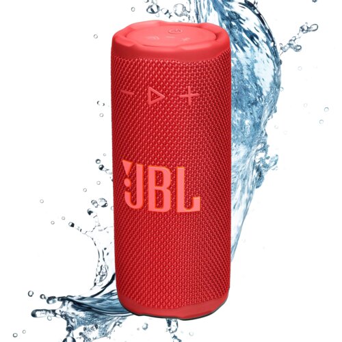 Czerwony głośnik mobilny z widocznym logo "JBL" na tle rozpryskującej się wody. Na górze głośnika znajdują się przyciski sterujące: minus, play, plus.