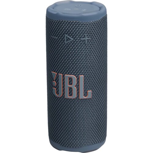Niebieski głośnik mobilny z widocznym logo "JBL" na siatkowanej powierzchni, posiada przyciski sterujące na górze obudowy.