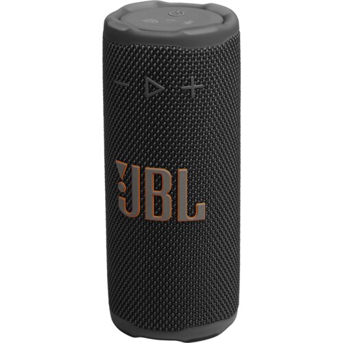 Czarny głośnik mobilny z widocznym logo "JBL" w kolorze pomarańczowym na siatkowanej powierzchni. Na górze głośnika znajdują się przyciski sterujące: włączania, zmniejszania i zwiększania głośności oraz odtwarzania.