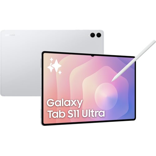 Na zdjęciu widoczny jest tablet z dużym ekranem, na którym wyświetlany jest kolorowy gradient z napisem "Galaxy Tab S11 Ultra". Obok tabletu znajduje się rysik, a w tle widać tylną część urządzenia z dwoma obiektywami aparatu.
