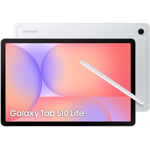 Na zdjęciu widoczny jest tablet z wyświetlaczem prezentującym kolorowe, abstrakcyjne tło oraz biały rysik. W dolnej części ekranu znajduje się napis "Galaxy Tab S10 Lite", a w tle widoczne jest logo "SAMSUNG".