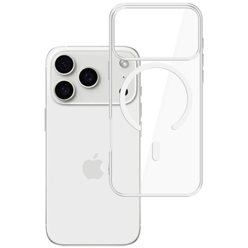Przezroczyste etui 3MK MagCase do Apple iPhone 17 Pro jest pokazane obok telefonu, z widocznymi trzema aparatami i logo Apple. Etui ma wycięcia na aparaty i okrągły wzór na środku.