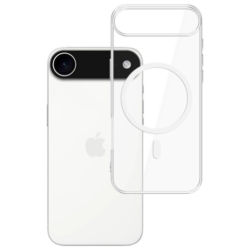Przezroczyste etui na telefon z okrągłym wycięciem na środku, obok białego telefonu z widocznym logo w kształcie jabłka oraz aparatem i lampą błyskową. Produkt to "Etui 3MK MagCase do Apple iPhone Air Przezroczysty".