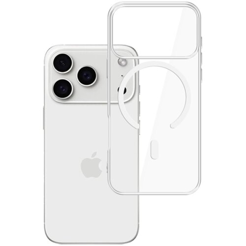 Przezroczyste etui na telefon z okrągłym wzorem na środku, obok białego smartfona z trzema obiektywami aparatu i logo w kształcie jabłka.