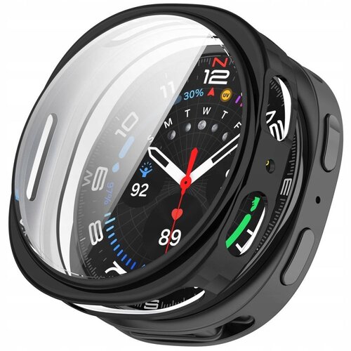 Czarne etui TECH-PROTECT Defense do Samsung Galaxy Watch 8 (40 mm) z przezroczystą osłoną, ukazujące tarczę zegarka z białymi i czerwonymi wskazówkami oraz różnorodnymi wskaźnikami i ikonami. Na tarczy widoczne są cyfry, dni tygodnia oraz wskaźniki procen