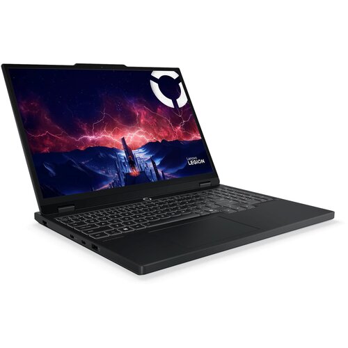Na zdjęciu znajduje się otwarty laptop z widocznym ekranem, na którym wyświetlany jest obraz przedstawiający krajobraz z błyskawicami na tle gór, oraz logo "Lenovo Legion". Klawiatura laptopa jest podświetlona, a obudowa ma ciemny kolor.