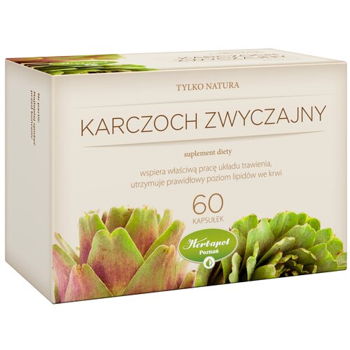 Opakowanie suplementu diety "Karczoch Zwyczajny" marki Herbapol Poznań, zawierające 60 kapsułek, z napisem "Tylko Natura" oraz informacją, że wspiera właściwą pracę układu trawienia i utrzymuje prawidłowy poziom lipidów we krwi. Na opakowaniu widoczne są 