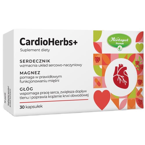 Opakowanie suplementu diety CardioHerbs+ z logo Herbapol Poznań, zawiera 30 kapsułek. Na opakowaniu widnieją informacje: "Serdecznik wzmacnia układ sercowo-naczyniowy", "Magnez pomaga w prawidłowym funkcjonowaniu mięśni", "Głóg wspomaga pracę serca, zwięk