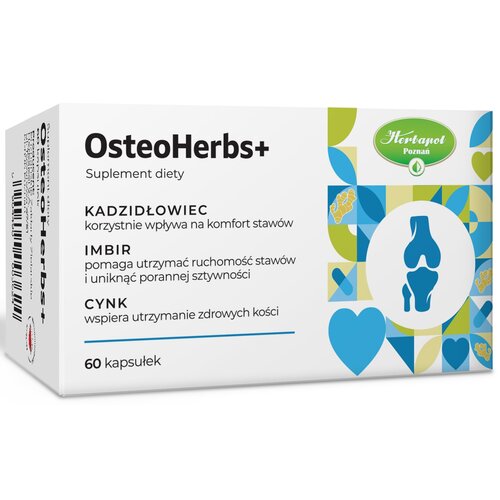 Opakowanie suplementu diety "OsteoHerbs+" zawiera informacje o składnikach: kadzidłowiec, imbir i cynk, które wspierają komfort stawów, ruchomość oraz zdrowie kości. Na opakowaniu widnieje logo "Herbapol Poznań" oraz grafika przedstawiająca stawy i serca,