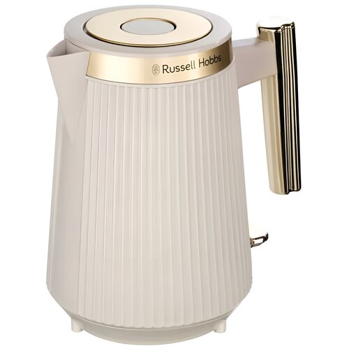Czajnik elektryczny w kolorze kremowym z pionowymi żłobieniami, posiada złote wykończenia na pokrywie i uchwycie. Na górnej części czajnika widnieje napis "Russell Hobbs".