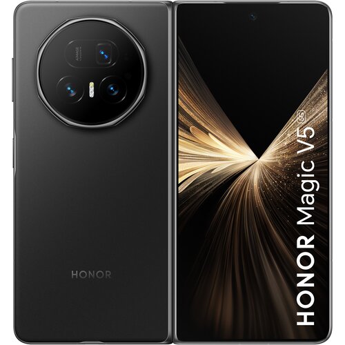 Przedstawiony jest czarny smartfon z dużym ekranem, na którym widoczny jest dynamiczny, złoty wzór oraz napis "HONOR Magic V5 5G". Na tylnej obudowie znajduje się okrągły moduł z trzema obiektywami aparatu i logo "HONOR".