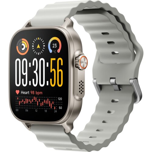 Srebrny smartwatch z prostokątnym wyświetlaczem pokazuje godzinę 09:30:56, temperaturę 23°C oraz tętno 98 bpm z wykresem. Pasek zegarka jest szary, a na boku koperty znajduje się przycisk.