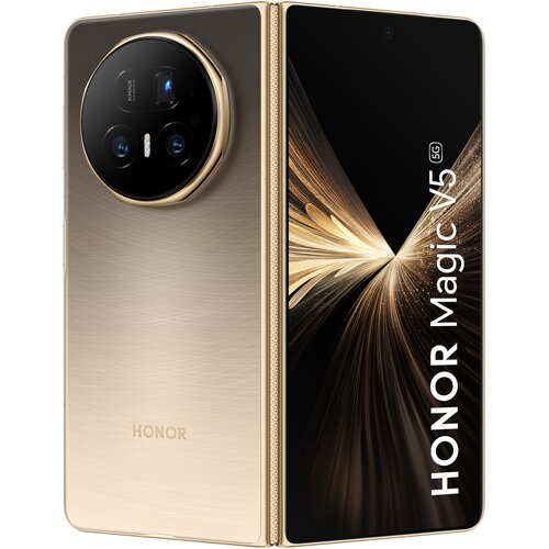 Złoty smartfon z dużym ekranem, na którym widoczny jest napis "HONOR Magic V5 5G". Obok ekranu znajduje się okrągły moduł z trzema obiektywami aparatu, a na obudowie widnieje logo "HONOR".