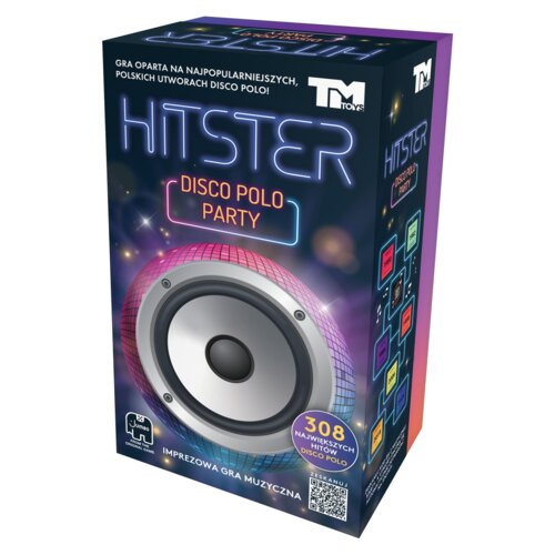 Pudełko gry towarzyskiej z napisem "HITSTER Disco Polo Party" oraz logo TM Toys, ozdobione grafiką głośnika i kolorowymi światłami. Na opakowaniu widnieje tekst: "Gra oparta na najpopularniejszych, polskich utworach disco polo!", "308 największych hitów d