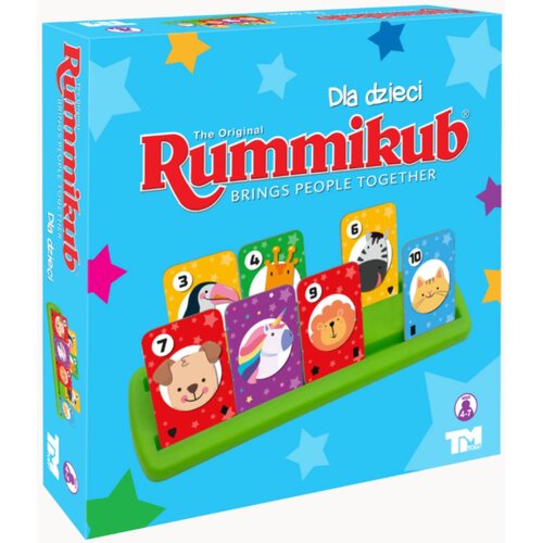 Niebieskie pudełko z kolorowymi gwiazdkami zawiera napis "Dla dzieci Rummikub BRINGS PEOPLE TOGETHER" oraz ilustrację kart z numerami i zwierzętami na zielonej podstawce. W prawym dolnym rogu znajduje się logo TM Toys i oznaczenie wiekowe 4-7.
