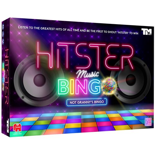 Pudełko gry towarzyskiej z napisem "HITSTER Music BINGO" oraz hasłem "NOT GRANNY'S BINGO", ozdobione grafiką głośników i kolorowej dyskotekowej kuli. W lewym dolnym rogu znajduje się logo "Jumbo The Original Game", a w prawym górnym rogu logo "TM Toys".