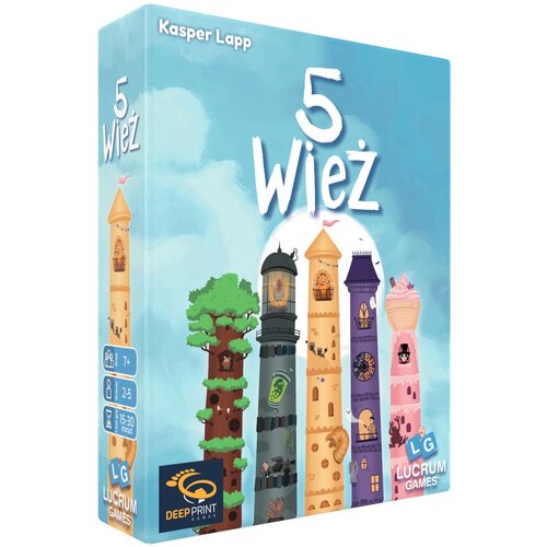 Okładka gry karcianej "5 Wież" autorstwa Kaspera Lappa przedstawia pięć różnorodnych wież na tle nieba, z widocznymi napisami: "5 Wież", "7+", "2-5", "15-30 minut", oraz logotypami "LUCRUM GAMES" i "DEEP PRINT GAMES".