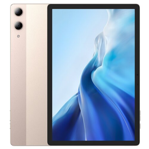 Złoty tablet z dużym ekranem, na którym widoczna jest abstrakcyjna grafika w odcieniach niebieskiego i białego. Na obudowie znajdują się dwa aparaty fotograficzne.