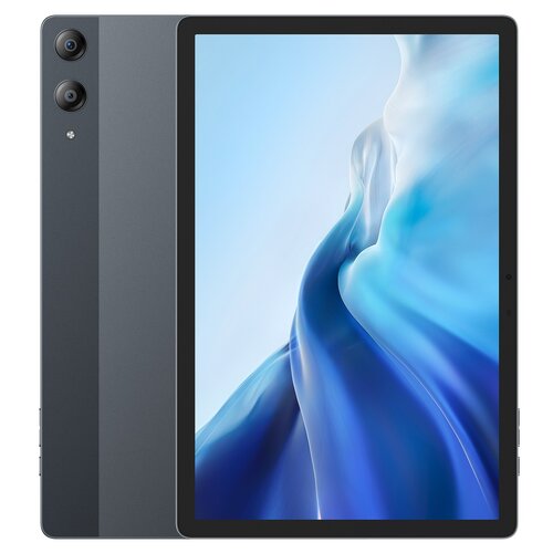 Szary tablet z dużym ekranem, na którym widoczna jest abstrakcyjna grafika w odcieniach niebieskiego i białego. Na tylnej obudowie znajdują się dwa obiektywy aparatu oraz małe logo producenta.