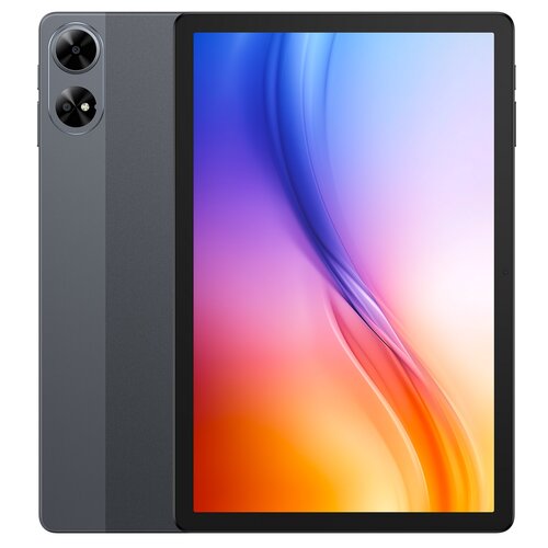 Szary tablet z dużym ekranem wyświetlającym gradientowe tło w odcieniach niebieskiego, fioletowego, pomarańczowego i żółtego. Na obudowie widoczne są dwa okrągłe obiektywy aparatu.