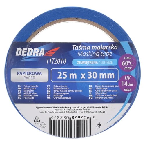 Niebieska taśma malarska marki Dedra o oznaczeniu 11T2010, z napisem "Taśma malarska" i "Masking tape", przeznaczona do użytku zewnętrznego, o wymiarach 25 m x 30 mm, z maksymalną temperaturą 60°C i odpornością na UV do 14 dni. Na etykiecie znajdują się t