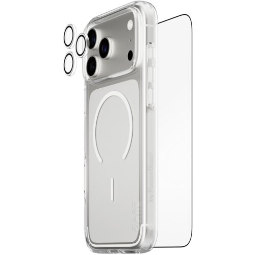 Przezroczyste etui na telefon z widocznym okrągłym wzorem MagSafe, obok którego znajduje się szkło hartowane oraz osłona obiektywu. Na etui widoczny jest napis "CARE by PanzerGlass".