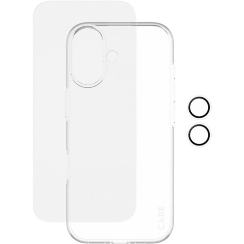 Przezroczyste etui na telefon z wycięciem na aparat, obok którego znajdują się dwa okrągłe elementy. Na etui widoczny jest napis "CARE".