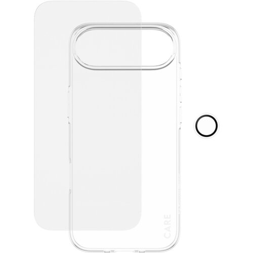 Przezroczyste etui na telefon z napisem "CARE" w dolnej części, obok którego znajduje się szkło hartowane oraz okrągłe szkło na obiektyw.