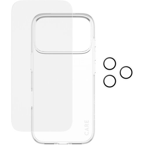 Przezroczyste etui z napisem "CARE" oraz szkło hartowane i trzy okrągłe elementy ochronne na obiektyw. Produkt przeznaczony jest do telefonu Apple iPhone 17 Pro.