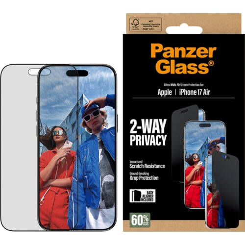 Opakowanie produktu "PanzerGlass Ultra-Wide Fit" do Apple iPhone 17 Air z napisem "2-WAY PRIVACY" oraz informacjami o odporności na zarysowania i upadki. Obok opakowania widoczny jest telefon z nałożonym szkłem prywatyzującym, na ekranie którego widać dwi