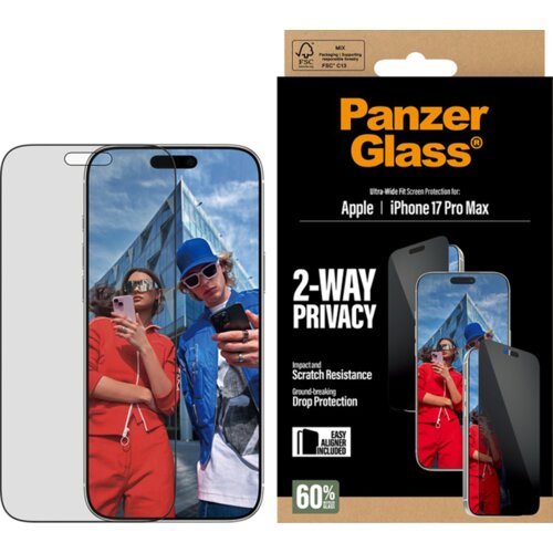 Na zdjęciu znajduje się opakowanie produktu "PanzerGlass" z napisem "Ultra-Wide Fit Screen Protection for: Apple iPhone 17 Pro Max" oraz "2-Way Privacy". Obok opakowania widoczny jest telefon z nałożonym szkłem ochronnym, na ekranie którego widać dwie oso