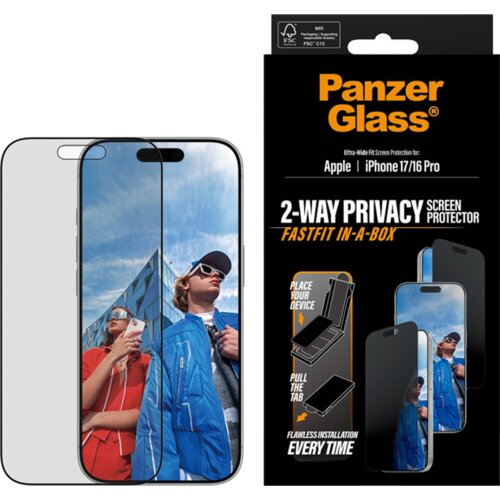 Opakowanie produktu PanzerGlass zawiera napis "Ultra-Wide Fit Screen Protection for: Apple iPhone 17/16 Pro" oraz "2-Way Privacy Screen Protector FastFit In-A-Box". Obok opakowania znajduje się telefon z nałożonym szkłem prywatyzującym, na ekranie którego