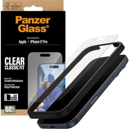 Opakowanie produktu PanzerGlass Classic Fit Easyaligner do Apple iPhone 17 Pro z widocznym napisem "CLEAR CLASSIC FIT" oraz informacjami o odporności na zarysowania i ochronie przed upadkiem. Obok opakowania znajduje się wizualizacja szkła hartowanego nał