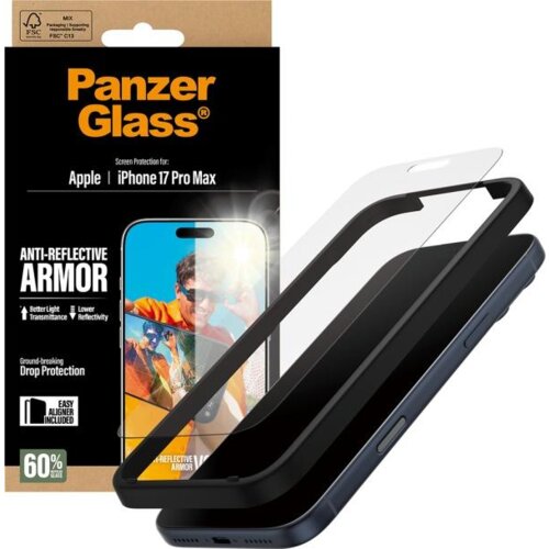 Opakowanie produktu PanzerGlass Anti-reflective Armor Easyaligner do Apple iPhone 17 Pro Max z widocznym napisem "Better Light Transmittance, Lower Reflectivity" oraz "Ground-breaking Drop Protection". Obok opakowania znajduje się szkło hartowane na ekran