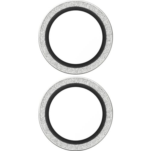 Dwa okrągłe pierścienie zewnętrzne w kolorze srebrnym, z czarnym wnętrzem, przedstawione na białym tle. Produkt to szkło hartowane na obiektyw PANZERGLASS Hoops do Apple iPhone 16/16 Plus/17.