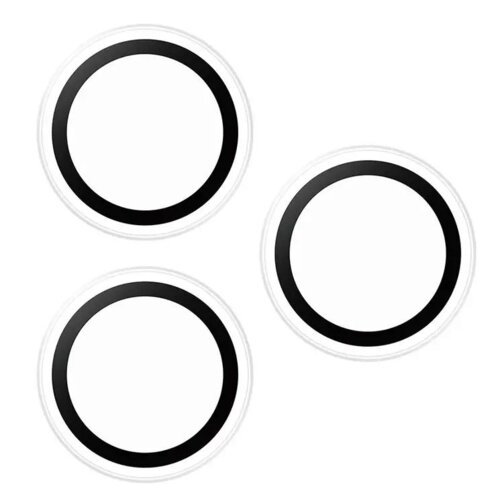 Trzy okrągłe nakładki z czarnym obramowaniem na białym tle. Produkt to "Nakładka na obiektyw PANZERGLASS Hoops do Apple iPhone 16 Pro/16 Pro Max/17 Pro/17 Pro Max".