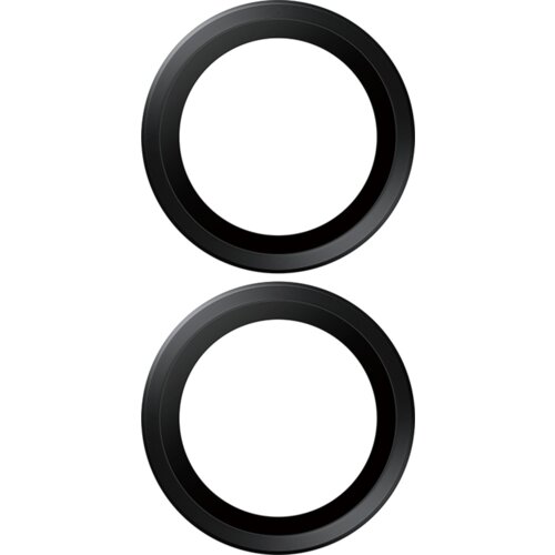 Dwa czarne, okrągłe pierścienie przedstawione na białym tle, jeden nad drugim. Produkt to szkło hartowane na obiektyw PANZERGLASS Hoops do Apple iPhone 16/16 Plus/17.