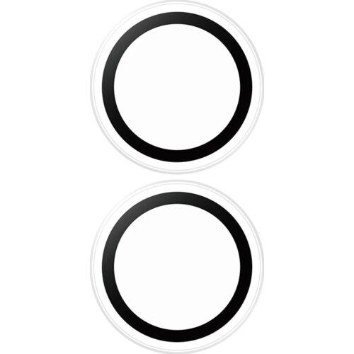 Dwa okrągłe elementy z czarnymi obwódkami na białym tle, przypominające szkło ochronne na obiektyw. Produkt jest przeznaczony do urządzeń Apple iPhone 16/16 Plus/17.