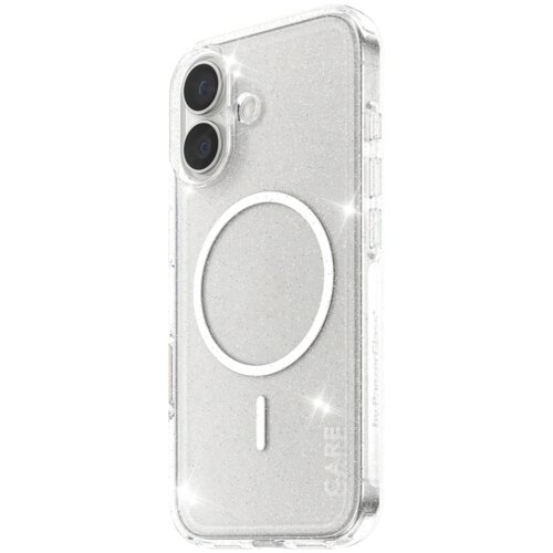 Przezroczyste etui z brokatowym wykończeniem, przeznaczone do telefonu Apple iPhone 17, posiada okrągły wzór MagSafe oraz widoczne napisy "CARE" i "My PanzerGlass". Etui ma wycięcia na dwa obiektywy aparatu i dodatkowy otwór na lampę błyskową.