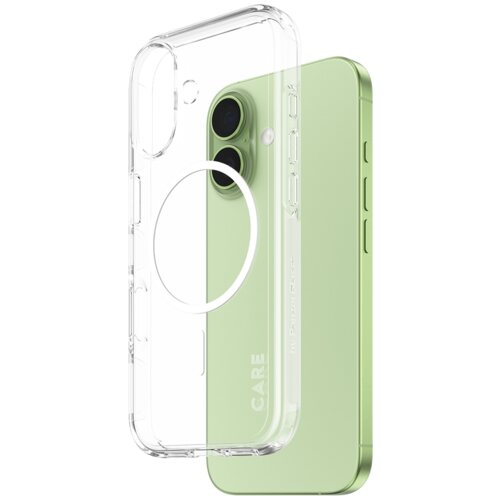 Przezroczyste etui z napisem "CARE by PanzerGlass" jest pokazane obok zielonego telefonu z dwoma aparatami. Etui posiada okrągły wycięcie na system MagSafe.