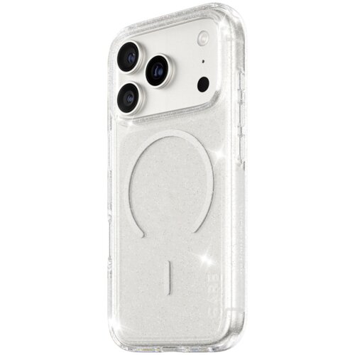 Przezroczyste etui z brokatowym wykończeniem, zaprojektowane dla telefonu z trzema obiektywami aparatu i okrągłym wzorem MagSafe na tylnej części. Na krawędzi etui widoczny jest napis "CARE".