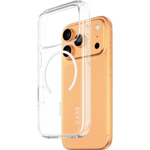 Przezroczyste etui z napisem "CARE by PanzerGlass" jest nałożone na pomarańczowy telefon z dwoma widocznymi obiektywami aparatu i lampą błyskową. Etui posiada okrągły wzór sugerujący kompatybilność z MagSafe.