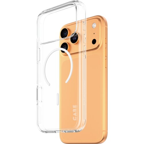 Przezroczyste etui PANZERGLASS Care Flagship Urban MagSafe do Apple iPhone 17 Pro Max jest pokazane obok pomarańczowego telefonu, z widocznymi napisami "CARE" i "By PanzerGlass" na etui. Etui ma okrągły wzór MagSafe i wycięcia na aparaty oraz przyciski te