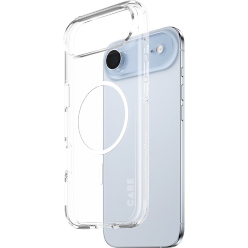 Przezroczyste etui na telefon z okrągłym wycięciem na środku, widoczne na tle jasnoniebieskiego telefonu. Na etui znajduje się napis "CARE" oraz "PanzerGlass".