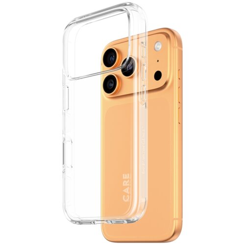 Przezroczyste etui na telefon z napisem "CARE by PanzerGlass" jest pokazane obok pomarańczowego smartfona z dwoma widocznymi obiektywami aparatu. Etui ma wycięcia na przyciski i aparat, a telefon ma gładką powierzchnię z zaokrąglonymi krawędziami.