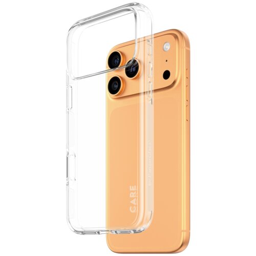 Przezroczyste etui na telefon z napisem "CARE by PanzerGlass" jest pokazane obok pomarańczowego telefonu z trzema widocznymi obiektywami aparatu. Etui ma wycięcia na przyciski i aparat, a jego krawędzie są zaokrąglone.