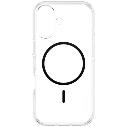 Przezroczyste etui na telefon z czarnym okręgiem i pionową linią na środku, posiada wycięcia na aparat i przyciski. Na dolnej części etui widoczny jest napis "CARE".