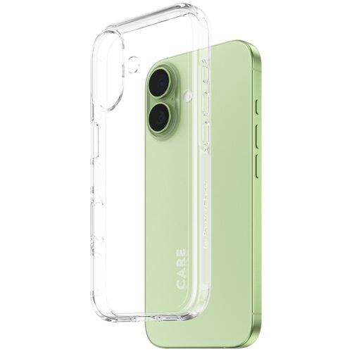 Przezroczyste etui na telefon z widocznym napisem "CARE by PanzerGlass" jest pokazane obok zielonego smartfona z dwoma aparatami. Etui ma wycięcia na przyciski i aparat, a jego krawędzie są zaokrąglone.