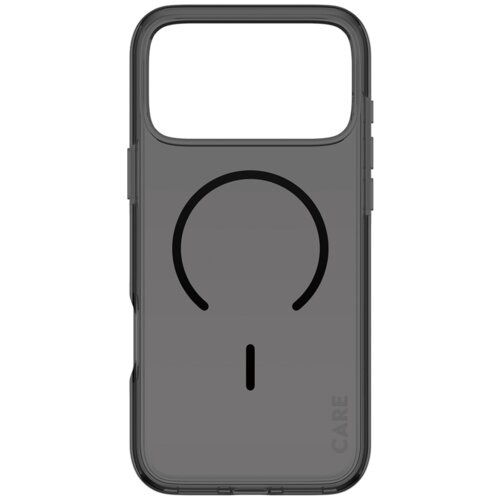 Przezroczysto-czarne etui na telefon z okrągłym wzorem na środku, przeznaczone do Apple iPhone 17 Pro Max, z napisem "CARE" w dolnym rogu.